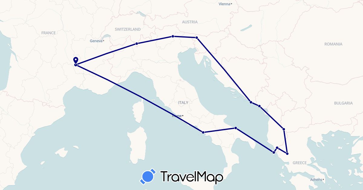 TravelMap itinerary: driving in Albania, Switzerland, France, Greece, Croatia, Italy, Montenegro, Slovenia (Europe)