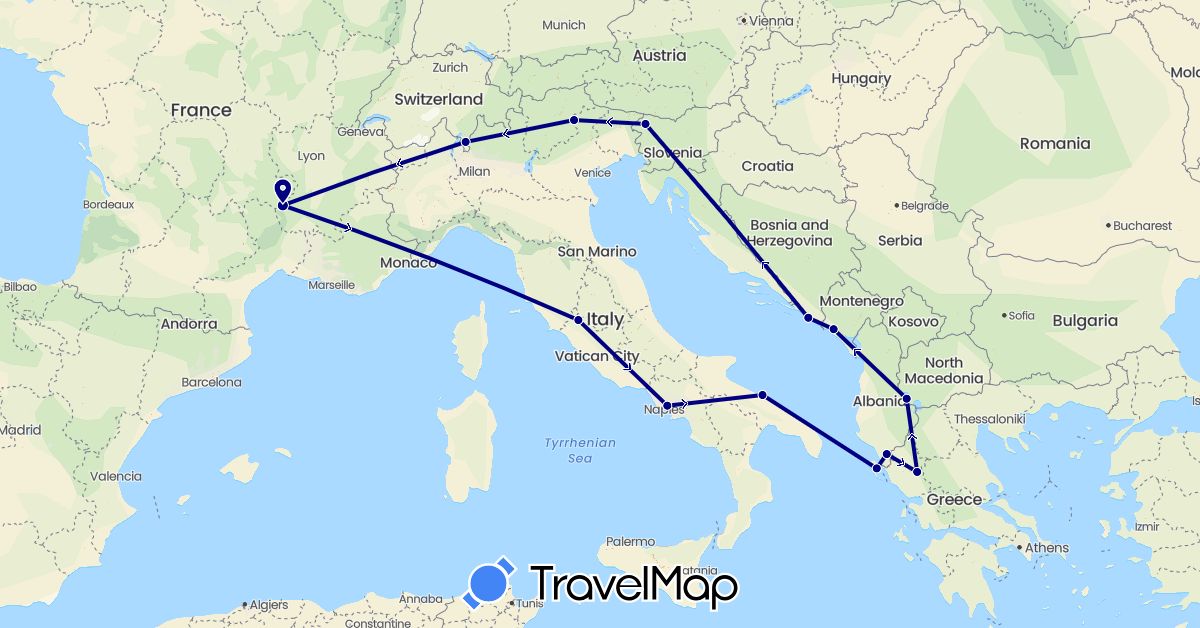 TravelMap itinerary: driving in Albania, Switzerland, France, Greece, Croatia, Italy, Montenegro, Slovenia (Europe)